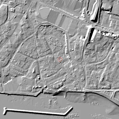 Shaded relief map of the ground around BH151QQ, computed from Environment Agency LiDAR. The ground here sits at about 2 m above sea level and falls 10 m across the surrounding 800 m. Surface water reaching this point runs off ground lying to the north-west, 2.7 m higher.