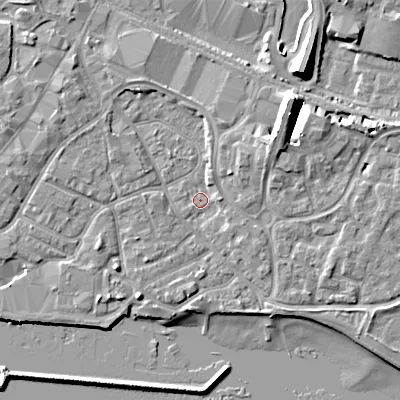 Shaded relief map of the ground around BH151QR, computed from Environment Agency LiDAR. The ground here sits at about 2 m above sea level and falls 10 m across the surrounding 800 m. Surface water reaching this point runs off ground lying to the north-west, 2.7 m higher.