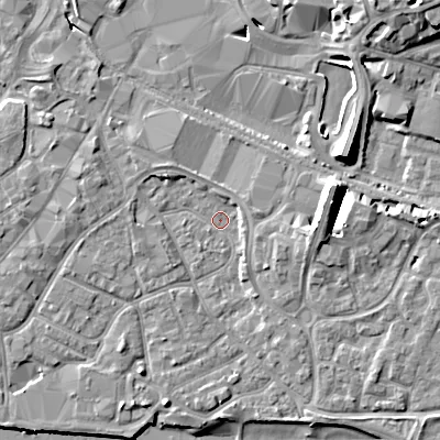 Shaded relief map of the ground around BH151QS, computed from Environment Agency LiDAR. The ground here sits at about 2 m above sea level and falls 13 m across the surrounding 800 m. Surface water reaching this point runs off ground lying to the west-north-west, 2.4 m higher.