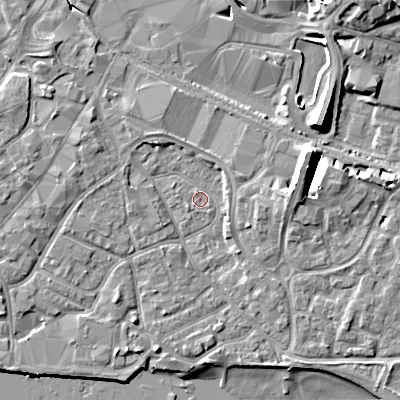 Shaded relief map of the ground around BH151QT, computed from Environment Agency LiDAR. The ground here sits at about 2 m above sea level and falls 12 m across the surrounding 800 m. Surface water reaching this point runs off ground lying to the west-north-west, 2.4 m higher.
