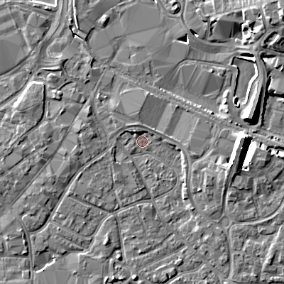 Shaded relief map of the ground around BH151QU, computed from Environment Agency LiDAR. The ground here sits at about 2 m above sea level and falls 12 m across the surrounding 800 m. Surface water reaching this point runs off ground lying to the north-west, 1.9 m higher.