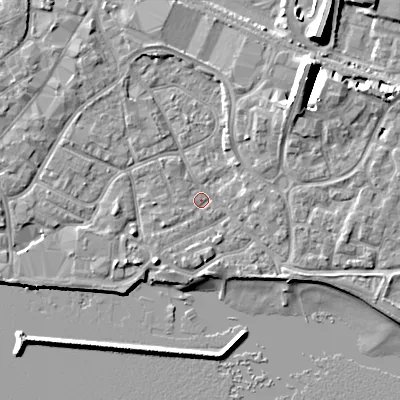 Shaded relief map of the ground around BH151QW, computed from Environment Agency LiDAR. The ground here sits at about 2 m above sea level and falls 10 m across the surrounding 800 m. Surface water reaching this point runs off ground lying to the north-west, 1.4 m higher.