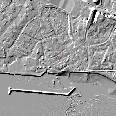 Shaded relief map of the ground around BH151QX, computed from Environment Agency LiDAR. The ground here sits at about 2 m above sea level and falls 10 m across the surrounding 800 m. Surface water reaching this point runs off ground lying to the south-south-east, 1.2 m higher.