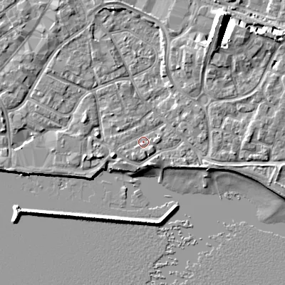 Shaded relief map of the ground around BH151QY, computed from Environment Agency LiDAR. The ground here sits at about 2 m above sea level and falls 10 m across the surrounding 800 m. Surface water reaching this point runs off ground lying to the south, 1.2 m higher.