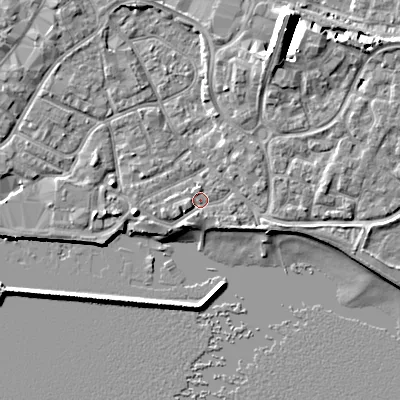 Shaded relief map of the ground around BH151RA, computed from Environment Agency LiDAR. The ground here sits at about 2 m above sea level and falls 10 m across the surrounding 800 m. Surface water reaching this point runs off ground lying to the north-north-east, 8.2 m higher.