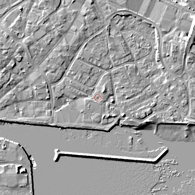 Shaded relief map of the ground around BH151RD, computed from Environment Agency LiDAR. The ground here sits at about 2 m above sea level and falls 11 m across the surrounding 800 m. Surface water reaching this point runs off ground lying to the north-east, 1.1 m higher.