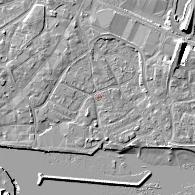 Shaded relief map of the ground around BH151RJ, computed from Environment Agency LiDAR. The ground here sits at about 2 m above sea level and falls 12 m across the surrounding 800 m. Surface water reaching this point runs off ground lying to the south, 2.2 m higher.