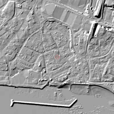 Shaded relief map of the ground around BH151RN, computed from Environment Agency LiDAR. The ground here sits at about 2 m above sea level and falls 10 m across the surrounding 800 m. Surface water reaching this point runs off ground lying to the north-west, 0.7 m higher.