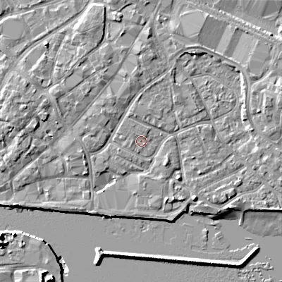 Shaded relief map of the ground around BH151RQ, computed from Environment Agency LiDAR. The ground here sits at about 2 m above sea level and falls 10 m across the surrounding 800 m. Surface water reaching this point runs off ground lying to the north, 2.3 m higher.