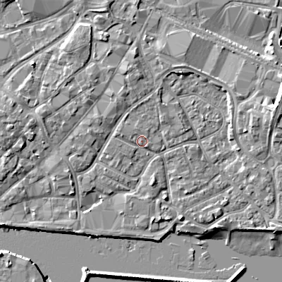 Shaded relief map of the ground around BH151RY, computed from Environment Agency LiDAR. The ground here sits at about 2 m above sea level and falls 11 m across the surrounding 800 m. Surface water reaching this point runs off ground lying to the north-north-west, 1.1 m higher.