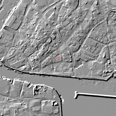 Shaded relief map of the ground around BH151SB, computed from Environment Agency LiDAR. The ground here sits at about 2 m above sea level and falls 10 m across the surrounding 800 m. Surface water reaching this point runs off ground lying to the north-north-west, 3.4 m higher.