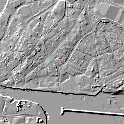 Shaded relief map of the ground around BH151SD, computed from Environment Agency LiDAR. The ground here sits at about 2 m above sea level and falls 10 m across the surrounding 800 m. Surface water reaching this point runs off ground lying to the west, 1.1 m higher.