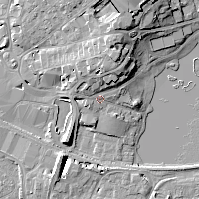 Shaded relief map of the ground around BH151TN, computed from Environment Agency LiDAR. The ground here sits at about 6 m above sea level and falls 17 m across the surrounding 800 m. Surface water reaching this point runs off ground lying to the north-north-east, 9.2 m higher.