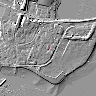 Shaded relief map of the ground around BH151TQ, computed from Environment Agency LiDAR. The ground here sits at about 3 m above sea level and falls 10 m across the surrounding 800 m. Surface water reaching this point runs off ground lying to the west, 1.0 m higher.