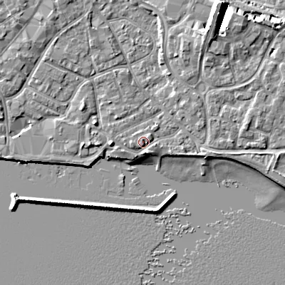 Shaded relief map of the ground around BH151UH, computed from Environment Agency LiDAR. The ground here sits at about 2 m above sea level and falls 10 m across the surrounding 800 m. Surface water reaching this point runs off ground lying to the north-north-east, 8.2 m higher.