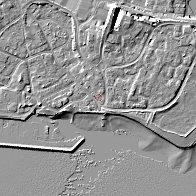 Shaded relief map of the ground around BH151UT, computed from Environment Agency LiDAR. The ground here sits at about 2 m above sea level and falls 10 m across the surrounding 800 m. Surface water reaching this point runs off ground lying to the north, 8.1 m higher.
