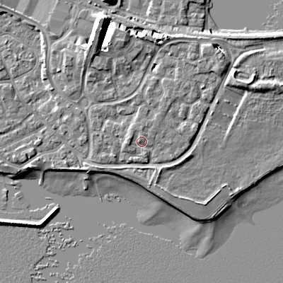Shaded relief map of the ground around BH151UX, computed from Environment Agency LiDAR. The ground here sits at about 3 m above sea level and falls 10 m across the surrounding 800 m. Surface water reaching this point runs off ground lying to the west, 1.1 m higher.