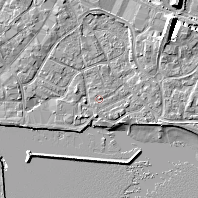 Shaded relief map of the ground around BH151WZ, computed from Environment Agency LiDAR. The ground here sits at about 2 m above sea level and falls 12 m across the surrounding 800 m. Surface water reaching this point runs off ground lying to the east-north-east, 0.8 m higher.