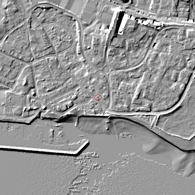 Shaded relief map of the ground around BH151XX, computed from Environment Agency LiDAR. The ground here sits at about 2 m above sea level and falls 10 m across the surrounding 800 m. Surface water reaching this point runs off ground lying to the north-north-east, 8.2 m higher.