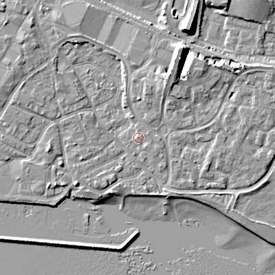 Shaded relief map of the ground around BH151XY, computed from Environment Agency LiDAR. The ground here sits at about 3 m above sea level and falls 10 m across the surrounding 800 m. Surface water reaching this point runs off ground lying to the south-east, 1.3 m higher.