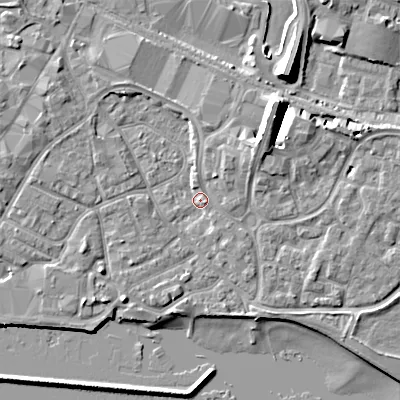 Shaded relief map of the ground around BH151YB, computed from Environment Agency LiDAR. The ground here sits at about 3 m above sea level and falls 10 m across the surrounding 800 m. Surface water reaching this point runs off ground lying to the north-east, 3.6 m higher.