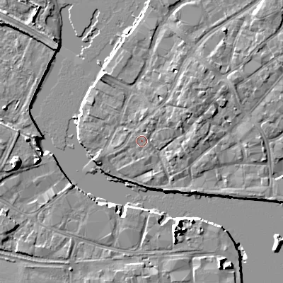 Shaded relief map of the ground around BH151ZA, computed from Environment Agency LiDAR. The ground here sits at about 2 m above sea level and falls 10 m across the surrounding 800 m. Surface water reaching this point runs off ground lying to the east-north-east, 1.9 m higher.