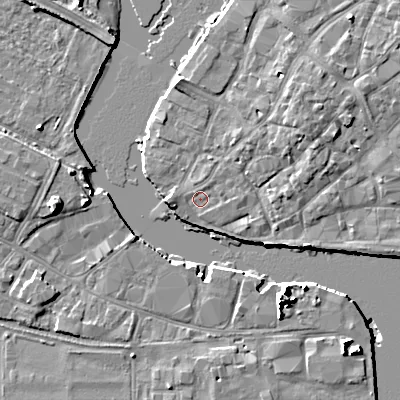 Shaded relief map of the ground around BH151ZB, computed from Environment Agency LiDAR. The ground here sits at about 1 m above sea level and falls 10 m across the surrounding 800 m. Surface water reaching this point runs off ground lying to the west, 1.8 m higher.