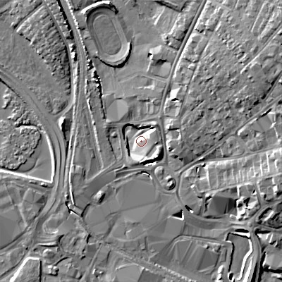 Shaded relief map of the ground around BH152FQ, computed from Environment Agency LiDAR. The ground here sits at about 3 m above sea level and falls 17 m across the surrounding 800 m. Surface water reaching this point runs off ground lying to the north-east, 16.1 m higher.