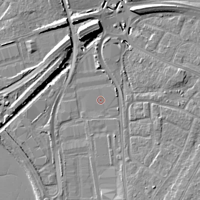 Shaded relief map of the ground around BH153BN, computed from Environment Agency LiDAR. The ground here sits at about 2 m above sea level and falls 12 m across the surrounding 800 m. Surface water reaching this point runs off ground lying to the north, 8.5 m higher.