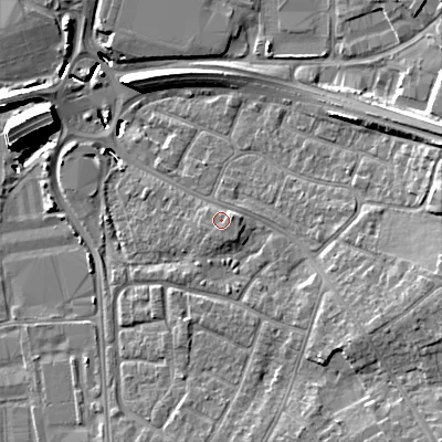 Shaded relief map of the ground around BH153EE, computed from Environment Agency LiDAR. The ground here sits at about 4 m above sea level and falls 12 m across the surrounding 800 m. Surface water reaching this point runs off ground lying to the east, 1.6 m higher.