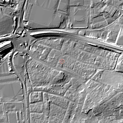 Shaded relief map of the ground around BH153EY, computed from Environment Agency LiDAR. The ground here sits at about 3 m above sea level and falls 12 m across the surrounding 800 m. Surface water reaching this point runs off ground lying to the east-south-east, 2.4 m higher.