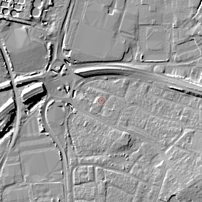 Shaded relief map of the ground around BH153HD, computed from Environment Agency LiDAR. The ground here sits at about 2 m above sea level and falls 12 m across the surrounding 800 m. Surface water reaching this point runs off ground lying to the east, 6.1 m higher.
