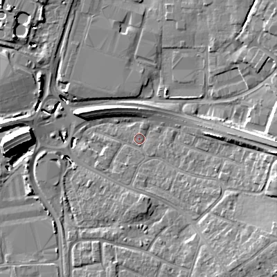Shaded relief map of the ground around BH153HE, computed from Environment Agency LiDAR. The ground here sits at about 2 m above sea level and falls 12 m across the surrounding 800 m. Surface water reaching this point runs off ground lying to the east, 8.8 m higher.