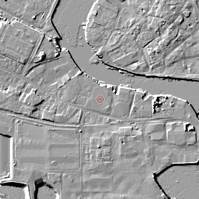 Shaded relief map of the ground around BH154AB, computed from Environment Agency LiDAR. The ground here sits at about 2 m above sea level and falls 10 m across the surrounding 800 m. The ground contributing surface water to this point lies to the south-east.