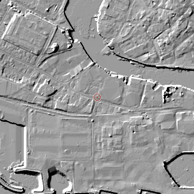 Shaded relief map of the ground around BH154AD, computed from Environment Agency LiDAR. The ground here sits at about 2 m above sea level and falls 9 m across the surrounding 800 m. Surface water reaching this point runs off ground lying to the south-south-east, 2.2 m higher.
