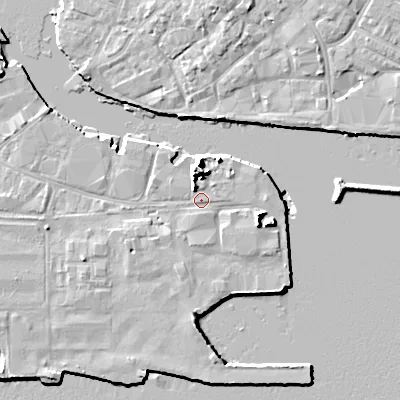 Shaded relief map of the ground around BH154AE, computed from Environment Agency LiDAR. The ground here sits at about 2 m above sea level and falls 10 m across the surrounding 800 m. Surface water reaching this point runs off ground lying to the east-south-east, 5.3 m higher.