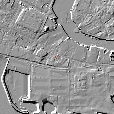 Shaded relief map of the ground around BH154AF, computed from Environment Agency LiDAR. The ground here sits at about 2 m above sea level and falls 9 m across the surrounding 800 m. Surface water reaching this point runs off ground lying to the south, 1.0 m higher.