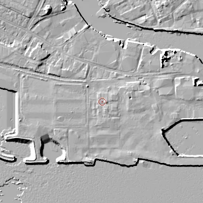 Shaded relief map of the ground around BH154AJ, computed from Environment Agency LiDAR. The ground here sits at about 2 m above sea level and falls 9 m across the surrounding 800 m. Surface water reaching this point runs off ground lying to the east-south-east, 1.3 m higher.