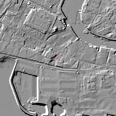 Shaded relief map of the ground around BH154AN, computed from Environment Agency LiDAR. The ground here sits at about 2 m above sea level and falls 8 m across the surrounding 800 m. Surface water reaching this point runs off ground lying to the west-north-west, 2.0 m higher.