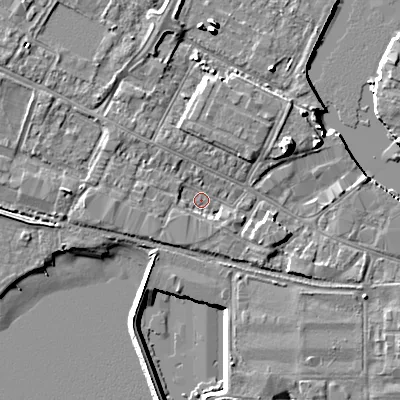 Shaded relief map of the ground around BH154AP, computed from Environment Agency LiDAR. The ground here sits at about 2 m above sea level and falls 8 m across the surrounding 800 m. Surface water reaching this point runs off ground lying to the north-west, 1.7 m higher.