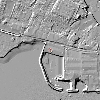 Shaded relief map of the ground around BH154AQ, computed from Environment Agency LiDAR. The ground here sits at about 2 m above sea level and falls 8 m across the surrounding 800 m. Surface water reaching this point runs off ground lying to the north-north-east, 0.6 m higher.