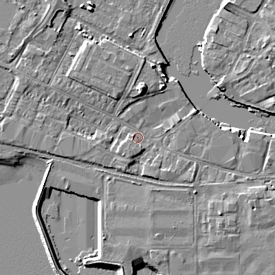 Shaded relief map of the ground around BH154AS, computed from Environment Agency LiDAR. The ground here sits at about 2 m above sea level and falls 8 m across the surrounding 800 m. Surface water reaching this point runs off ground lying to the north, 5.0 m higher.