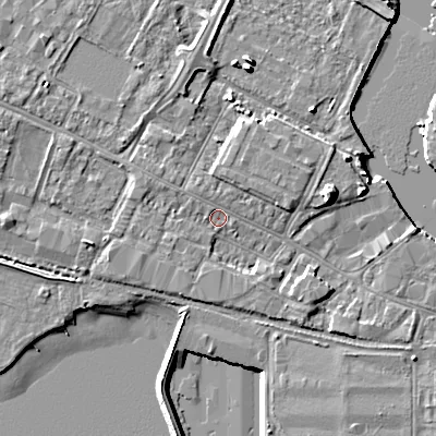 Shaded relief map of the ground around BH154AT, computed from Environment Agency LiDAR. The ground here sits at about 2 m above sea level and falls 8 m across the surrounding 800 m. Surface water reaching this point runs off ground lying to the west-north-west, 1.1 m higher.
