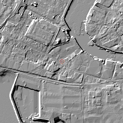 Shaded relief map of the ground around BH154BA, computed from Environment Agency LiDAR. The ground here sits at about 2 m above sea level and falls 8 m across the surrounding 800 m. Surface water reaching this point runs off ground lying to the north-north-west, 5.0 m higher.