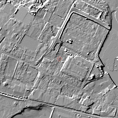 Shaded relief map of the ground around BH154BL, computed from Environment Agency LiDAR. The ground here sits at about 2 m above sea level and falls 7 m across the surrounding 800 m. Surface water reaching this point runs off ground lying to the south-east, 2.4 m higher.
