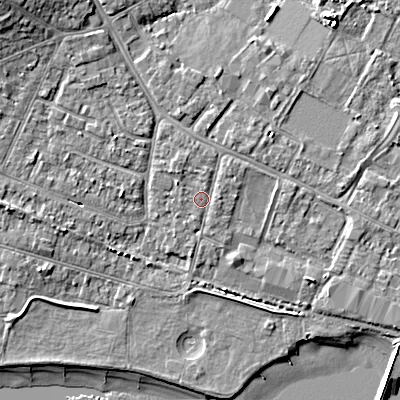 Shaded relief map of the ground around BH154DF, computed from Environment Agency LiDAR. The ground here sits at about 3 m above sea level and falls 11 m across the surrounding 800 m. Surface water reaching this point runs off ground lying to the north-west, 1.2 m higher.