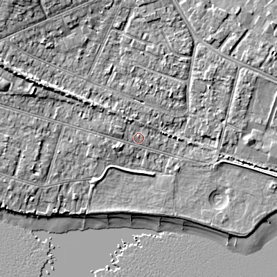 Shaded relief map of the ground around BH154DH, computed from Environment Agency LiDAR. The ground here sits at about 3 m above sea level and falls 10 m across the surrounding 800 m. Surface water reaching this point runs off ground lying to the west-north-west, 1.5 m higher.