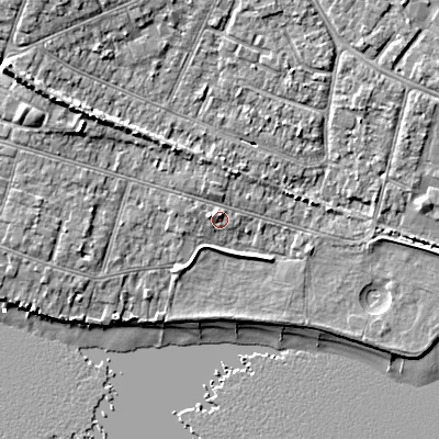 Shaded relief map of the ground around BH154DJ, computed from Environment Agency LiDAR. The ground here sits at about 3 m above sea level and falls 9 m across the surrounding 800 m. Surface water reaching this point runs off ground lying to the north-west, 1.1 m higher.