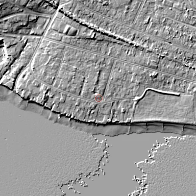 Shaded relief map of the ground around BH154DP, computed from Environment Agency LiDAR. The ground here sits at about 3 m above sea level and falls 10 m across the surrounding 800 m. Surface water reaching this point runs off ground lying to the north-west, 1.8 m higher.