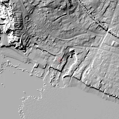 Shaded relief map of the ground around BH154DT, computed from Environment Agency LiDAR. The ground here sits at about 4 m above sea level and falls 25 m across the surrounding 800 m. Surface water reaching this point runs off ground lying to the north-north-east, 2.1 m higher.
